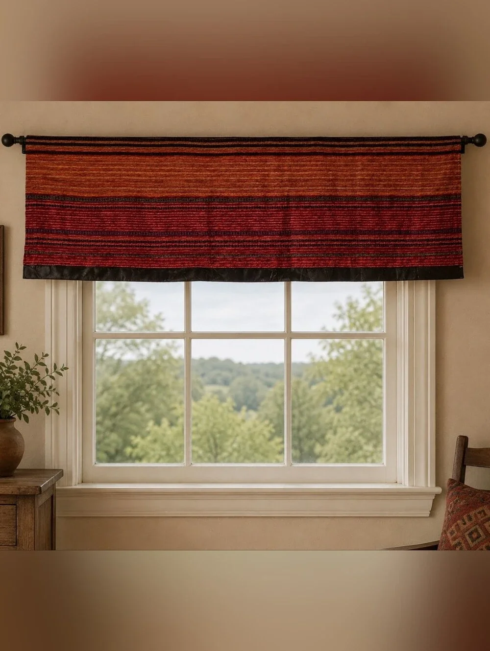 Croscill Home Long Stripe Valance With Faux Leather Trim. 86